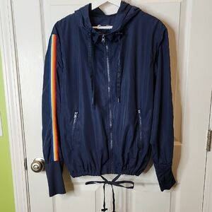 Zyia Active Navy Blue Rainbow Trim Mesh Lined Windbreaker, Size Large